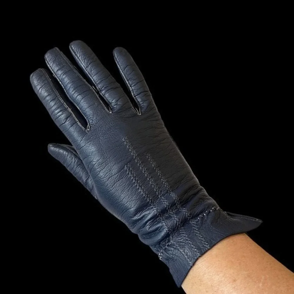 Sexy Dark Blue Leather Vintage Driving Gloves 1950's Size 6.5